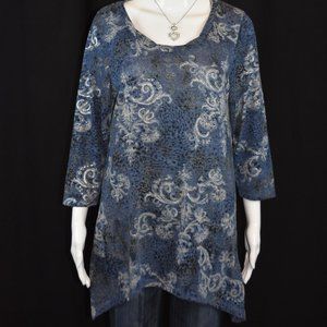 Fashion Bug sz L Sparkling Blue, Beige, and Black Long Sleeve Swirl Design Top